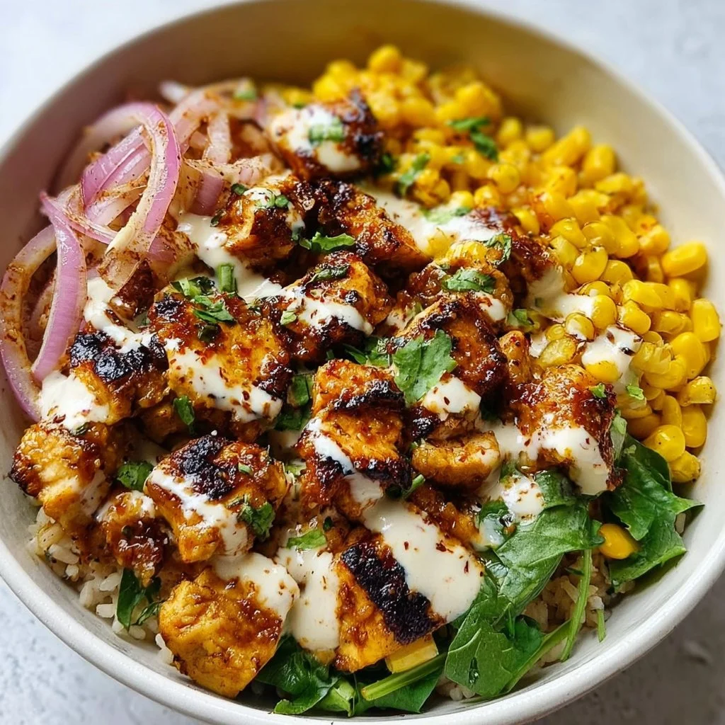Delicious homemade street corn chicken bowl topped with fresh ingredients.
