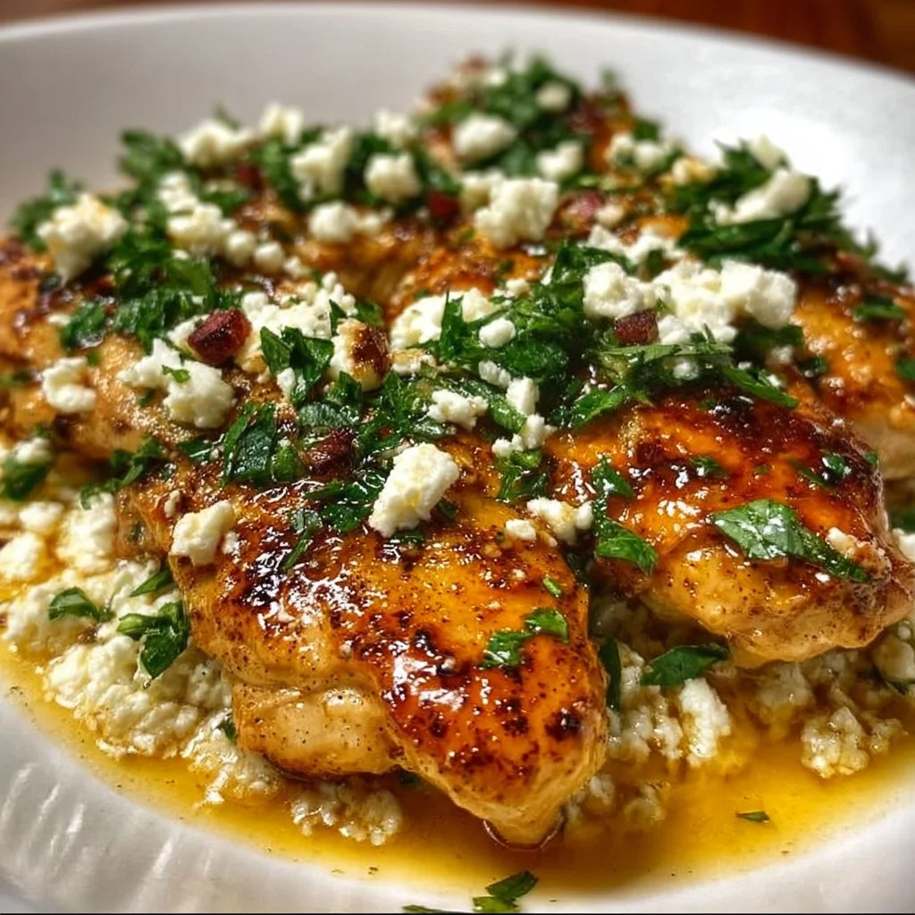 Hot Honey Feta Chicken dish garnished with herbs and spices