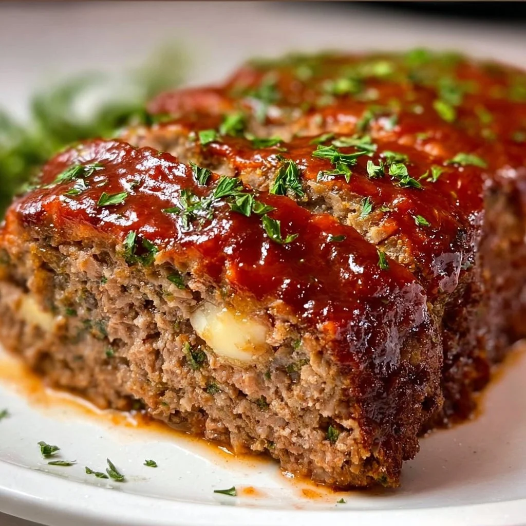 A slice of Ina Garten's easy meatloaf served with mashed potatoes and gravy.