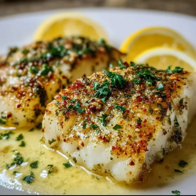 Delicious lemon garlic butter cod served with fresh herbs and lemon wedges
