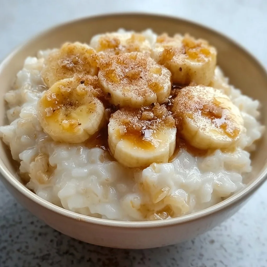 Delicious Japanese banana rice pudding served in a bowl with a sprinkle of cinnamon.