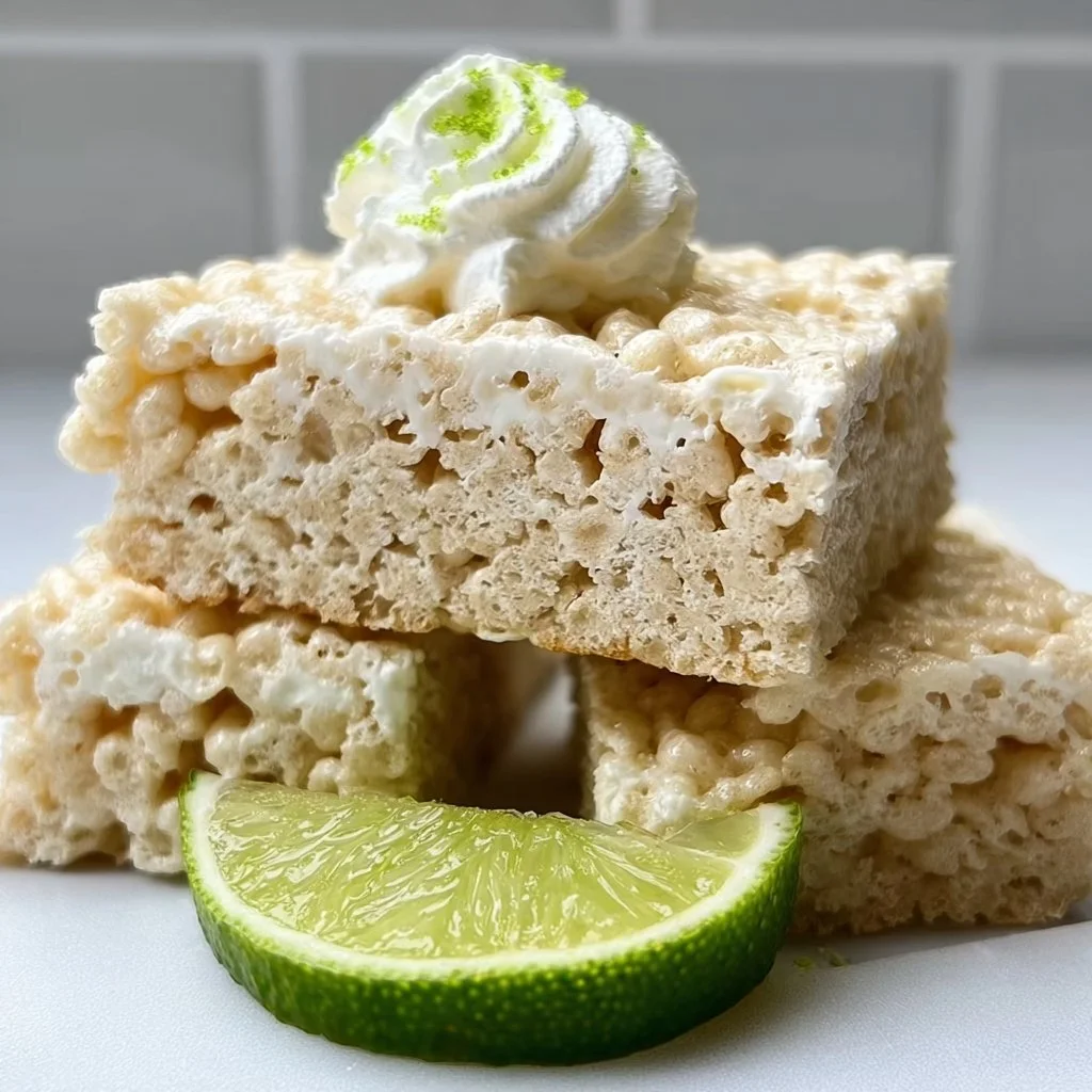 Key Lime Pie Rice Krispie Treats on a plate with lime slices and whipped cream