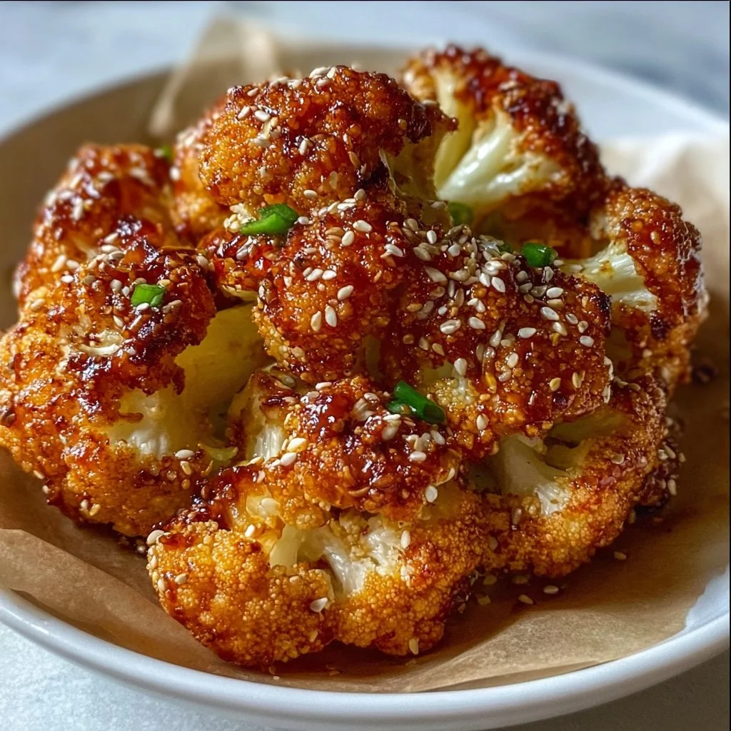 Delicious Korean Baked Cauliflower topped with spices and herbs on a plate.