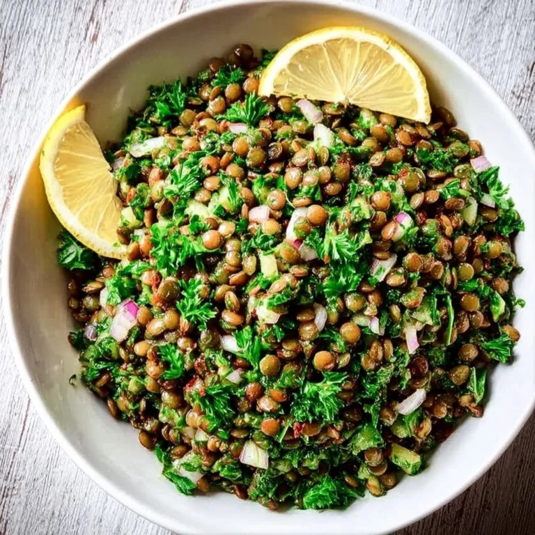 Bowl of Lebanese Lentil Salad with parsley and lemon dressing