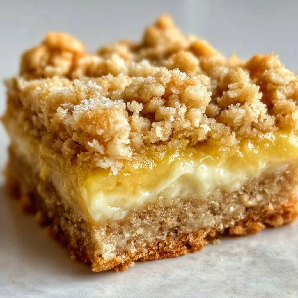 Lemon Oatmeal Crumble Bars topped with a crumbly oat layer and lemon zest.
