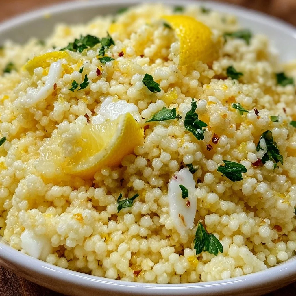 Plate of Lemon Parmesan Couscous garnished with herbs