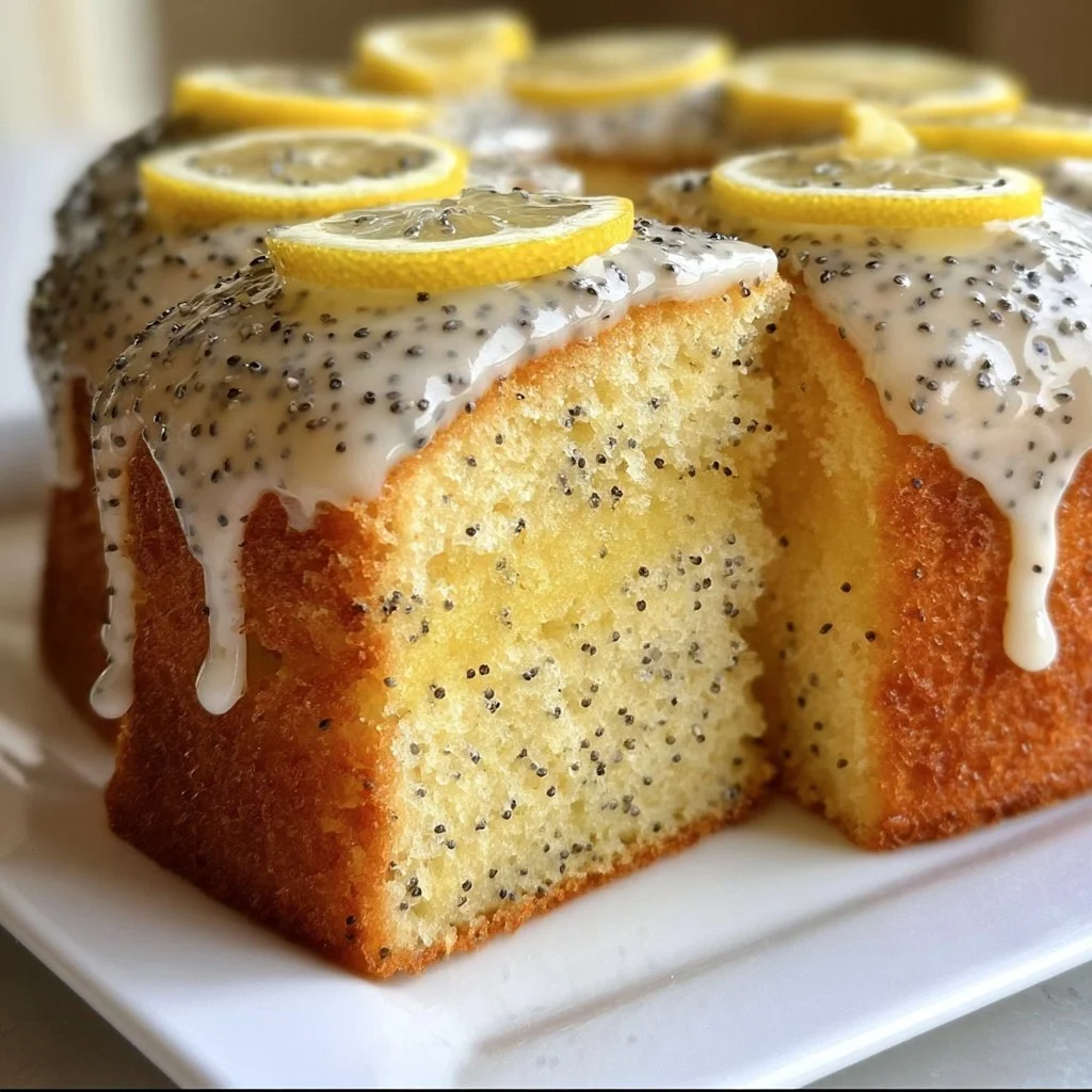 Slice of Lemon Poppy Seed Cake with Glaze on a decorative plate