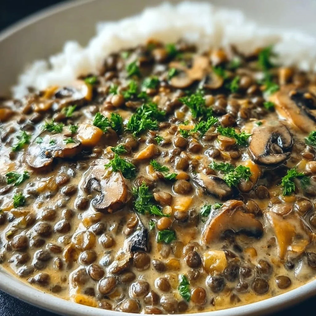 Bowl of creamy Lentil Mushroom Stroganoff topped with fresh herbs