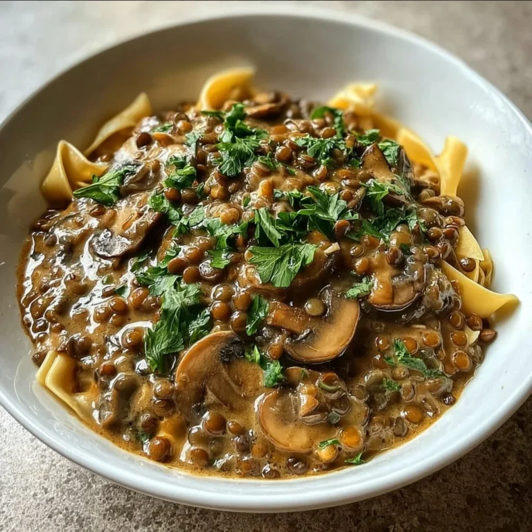 Plate of creamy Lentil Mushroom Stroganoff with fresh herbs