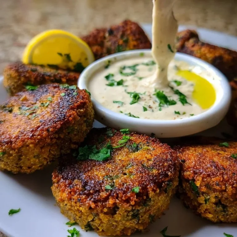 Lentil patties with lemon tahini dip on a plate
