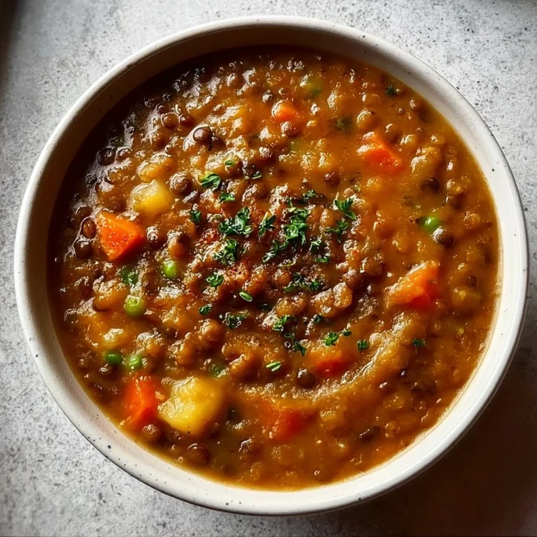 Bowl of hearty lentil soup garnished with herbs and spices