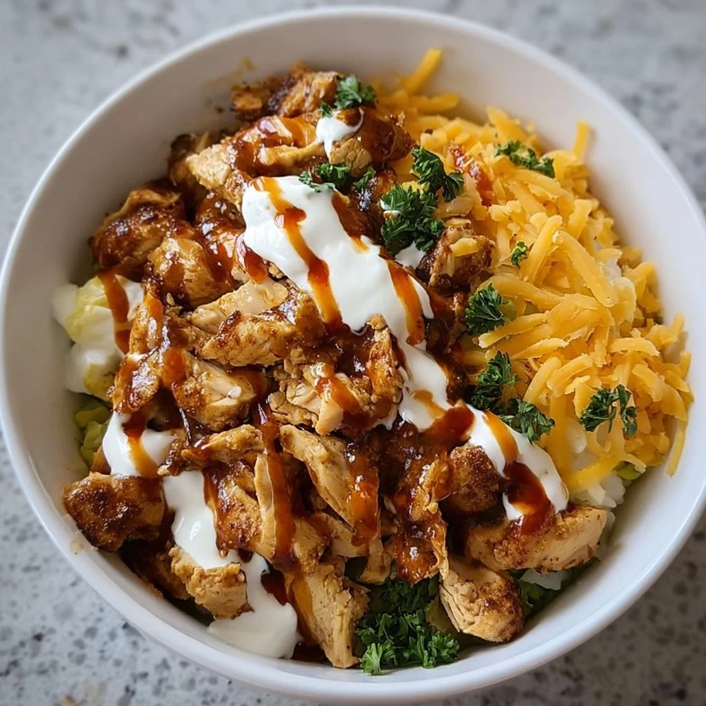 Macro-friendly BBQ Ranch Chicken Bowl with chicken, ranch dressing, and veggies