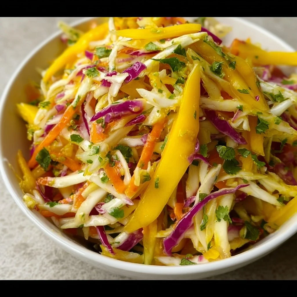 Colorful Mango Slaw made with fresh mango, cabbage, and herbs