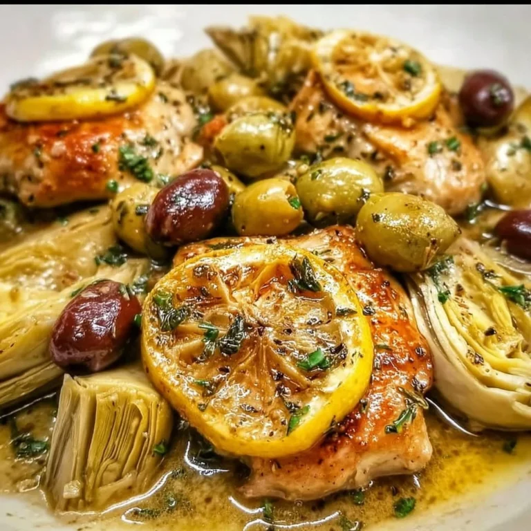 Mediterranean lemon chicken garnished with artichokes and olives