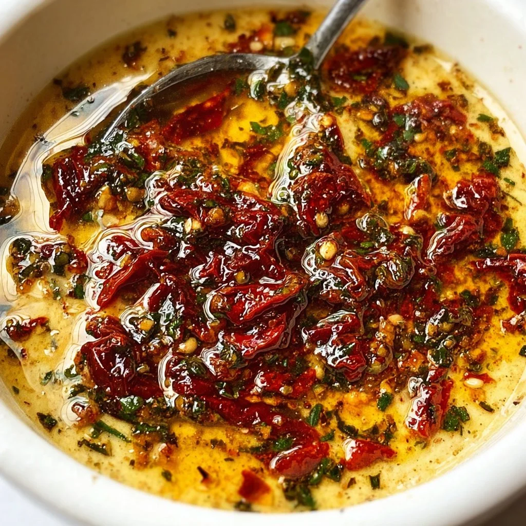 Mediterranean sun dried tomato garlic olive oil dip served with crackers