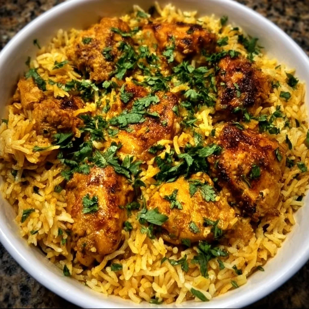 A serving of Moroccan Chicken & Rice garnished with herbs and spices in a bowl.