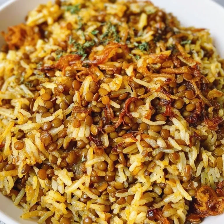A bowl of Mujadara, a traditional dish made with lentils and rice garnished with onions.