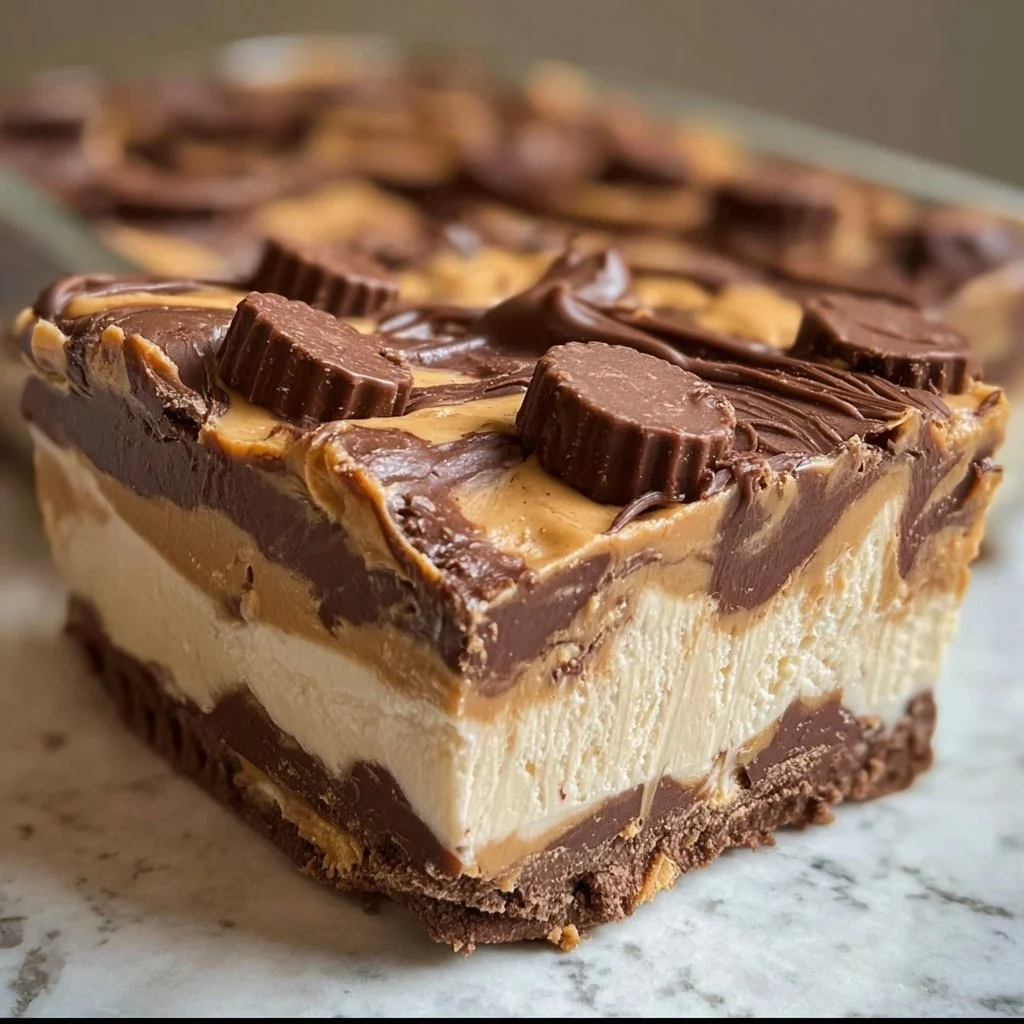No-bake peanut butter chocolate dessert slice on a plate