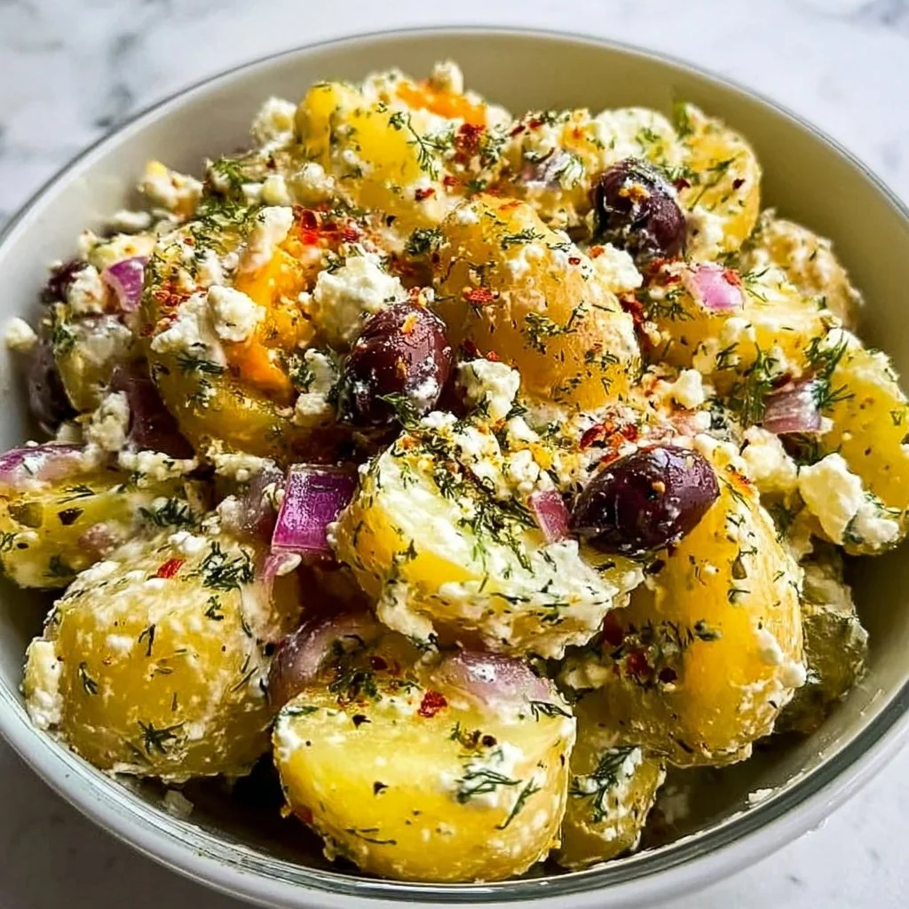 Olive Greek Potato Salad with fresh herbs and olives in a bowl.