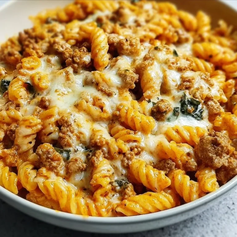 One-skillet cheesy ground chicken pasta dish garnished with herbs