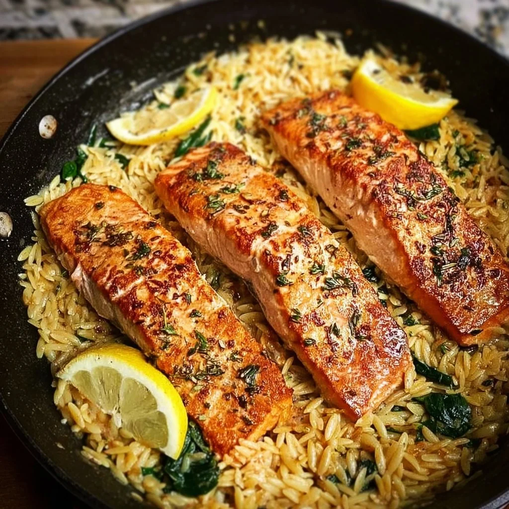 One Skillet Salmon with Lemon Orzo dish garnished with lemon slices and herbs