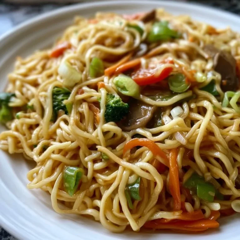 Delicious dish of fried noodles from Panda Express served with fresh vegetables.