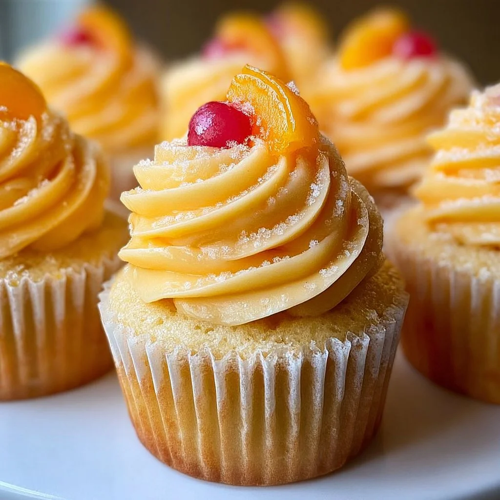 Delicious Peach Bellini cupcakes with peach frosting and sparkling champagne