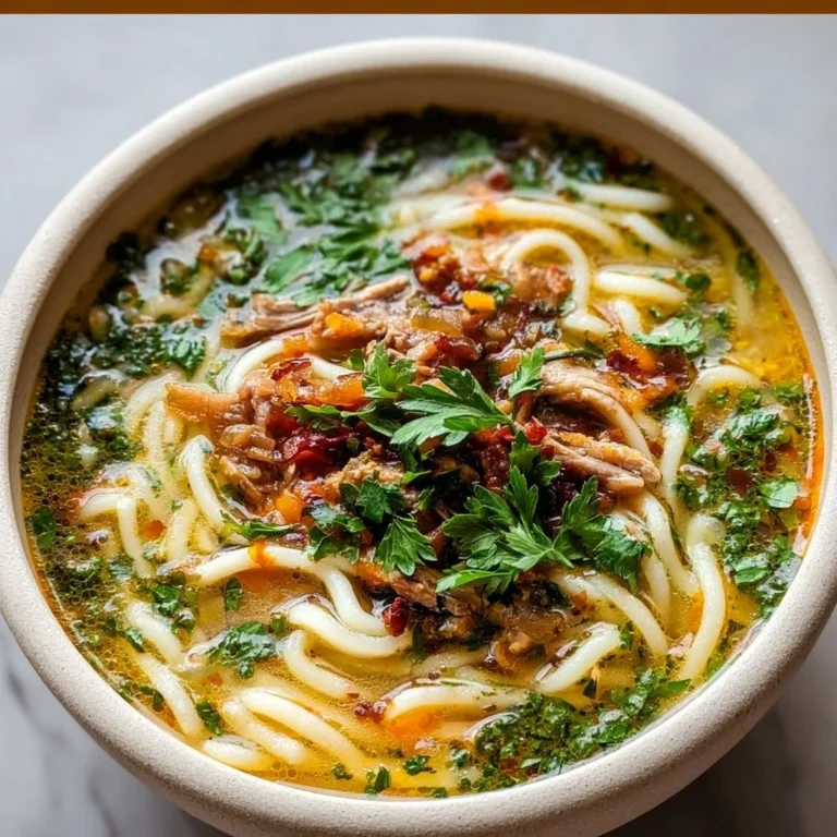 Bowl of Persian noodle soup with herbs and noodles garnished on top.