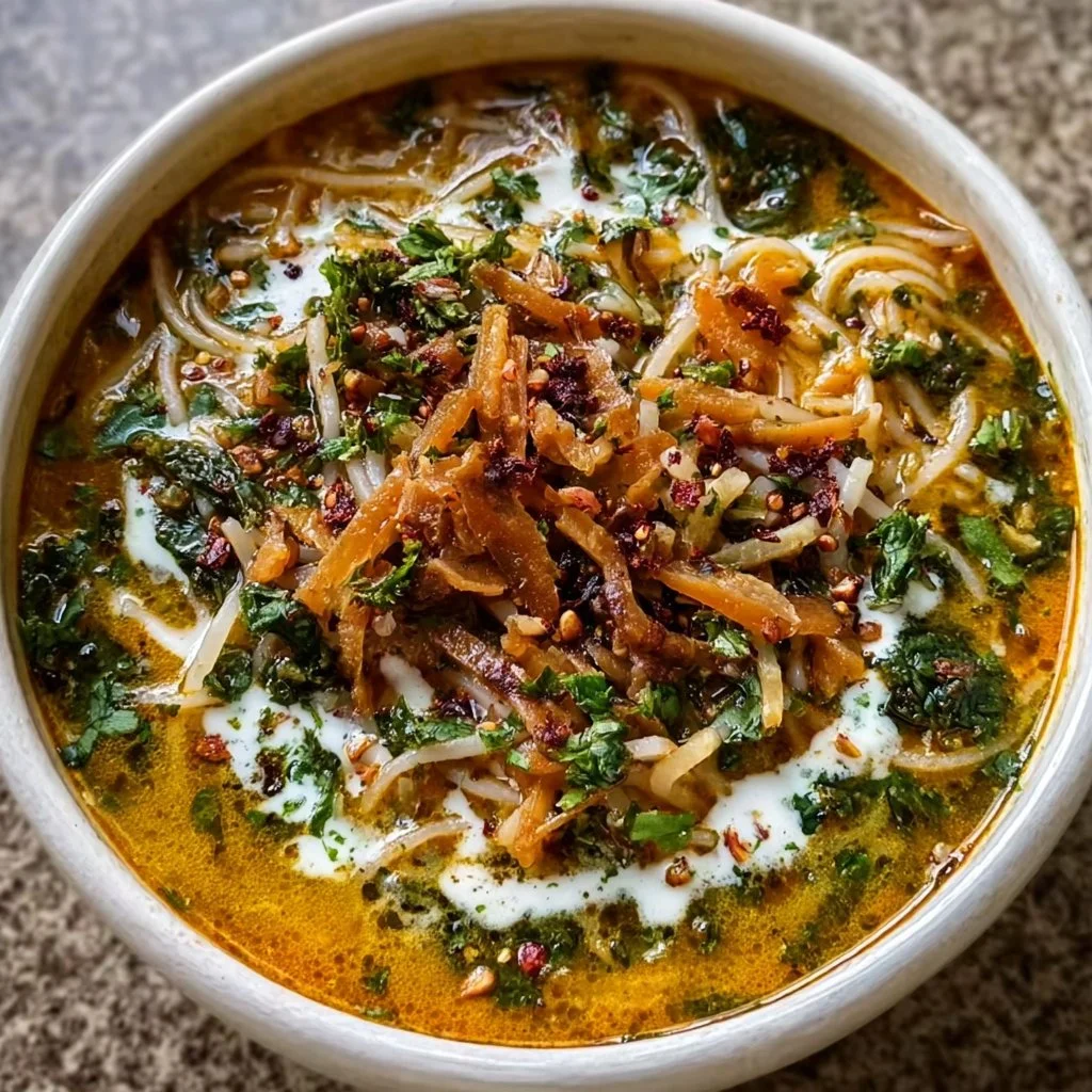 Delicious bowl of Persian Noodle Soup (Ash Reshteh) garnished with herbs
