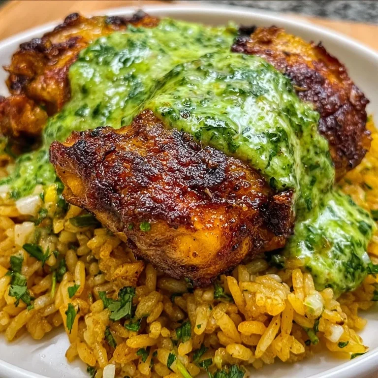Plate of Peruvian chicken and rice with vibrant green sauce