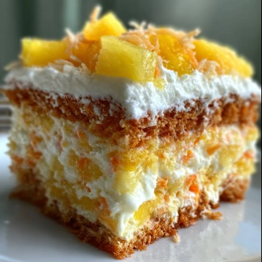 Moist Pineapple Carrot Cream Cake topped with cream frosting and garnished with pineapple.