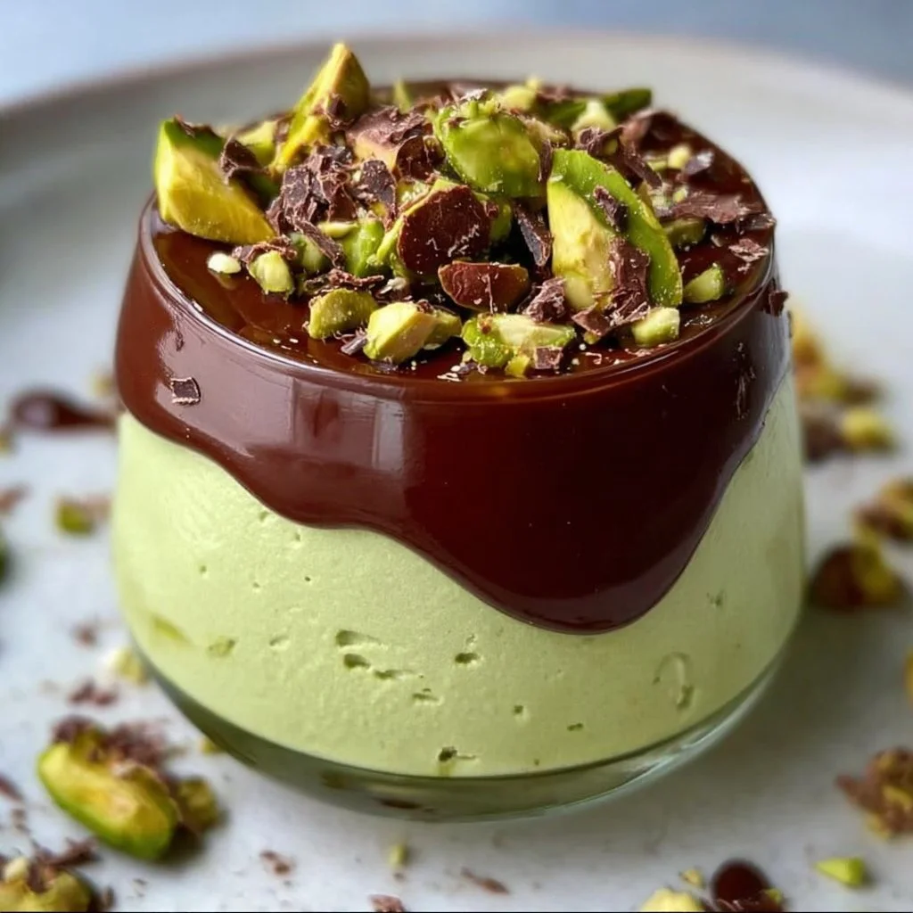Delicious pistachio mousse with a smooth chocolate ganache topping