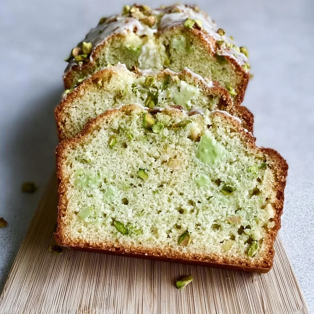 Loaf of homemade pistachio pudding bread served on a wooden cutting board