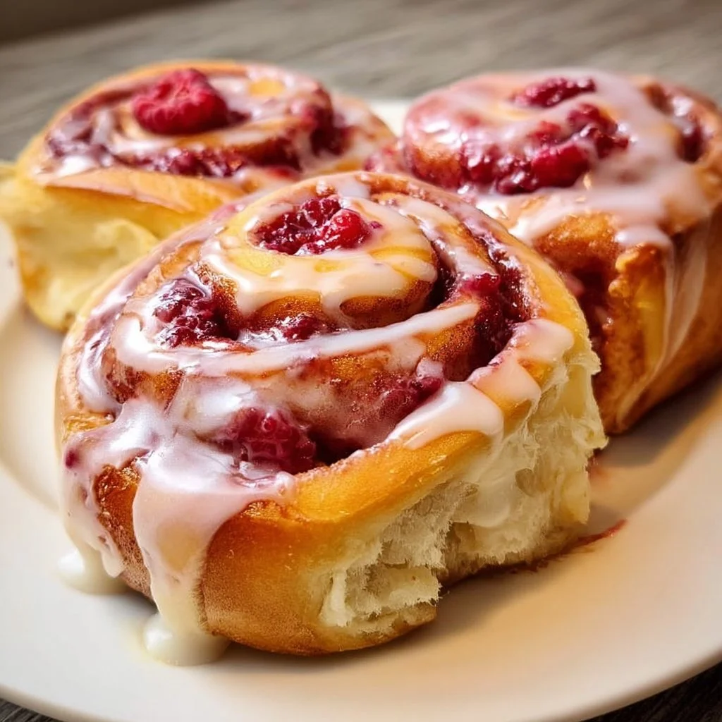Freshly baked raspberry cinnamon rolls with lemon glaze