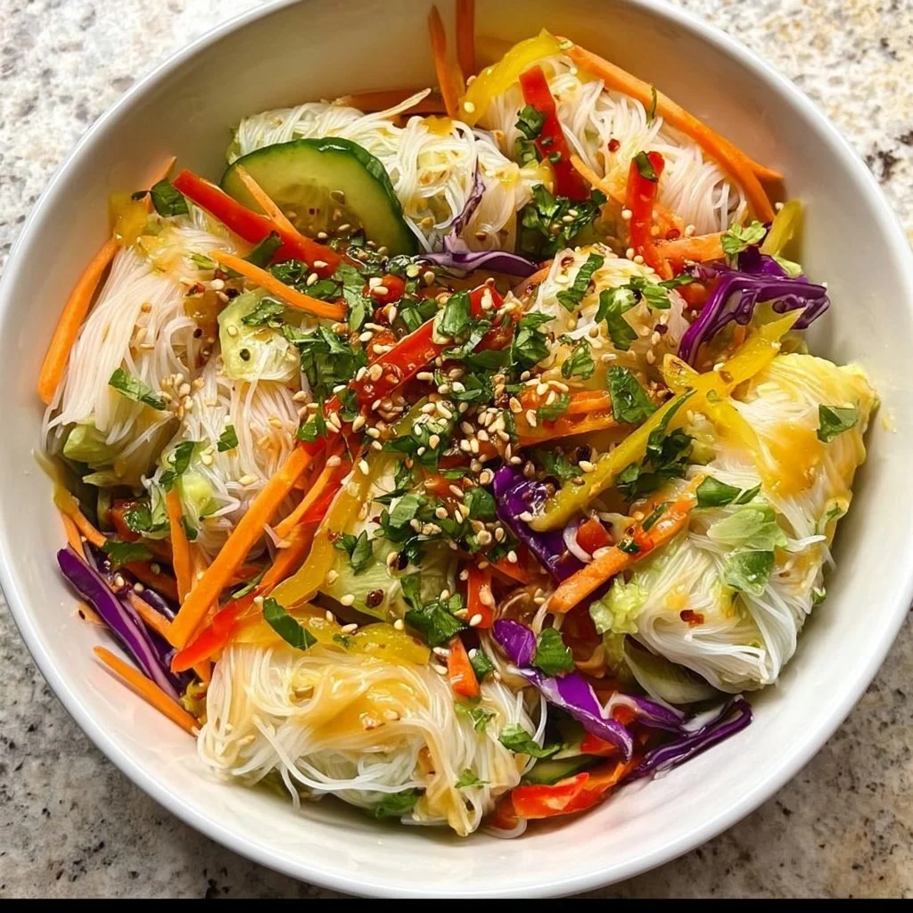 Refreshing spring roll salad with colorful vegetables and zesty ginger dressing