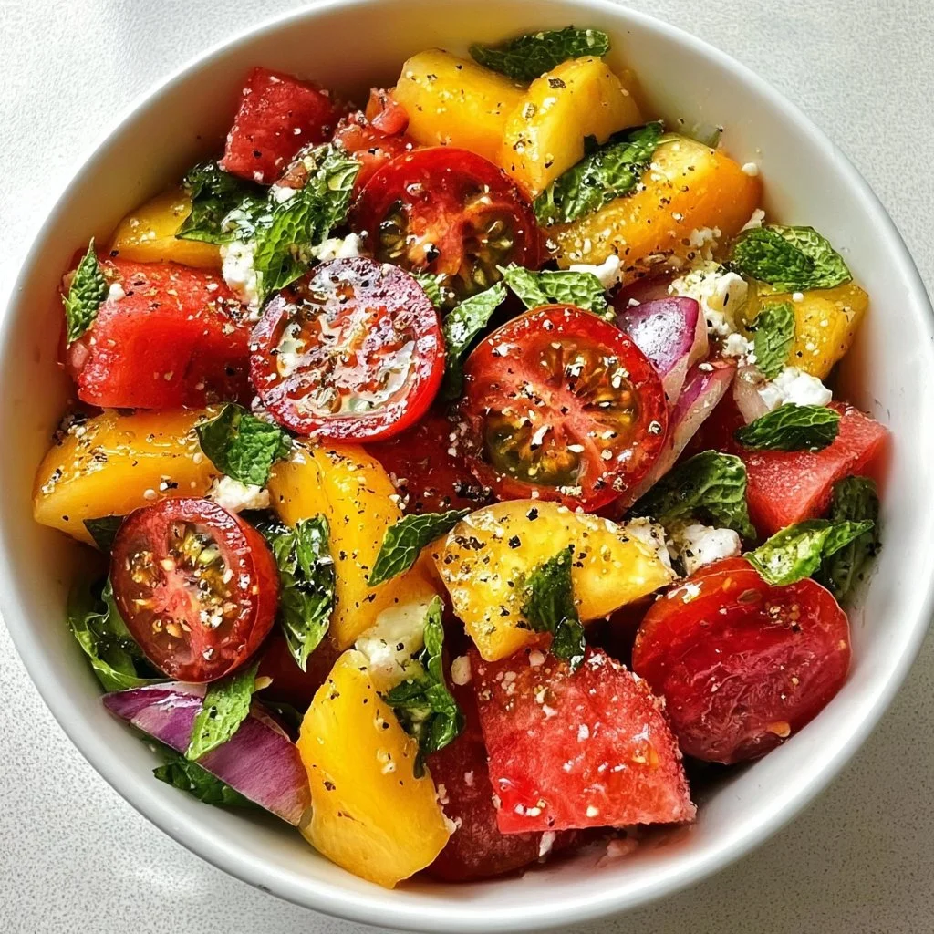 A vibrant bowl of refreshing summer salad with fresh vegetables and dressing.