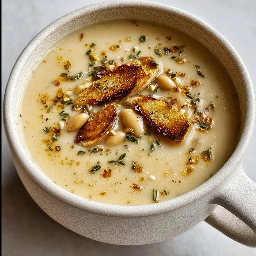 Bowl of roasted garlic and white bean soup garnished with herbs
