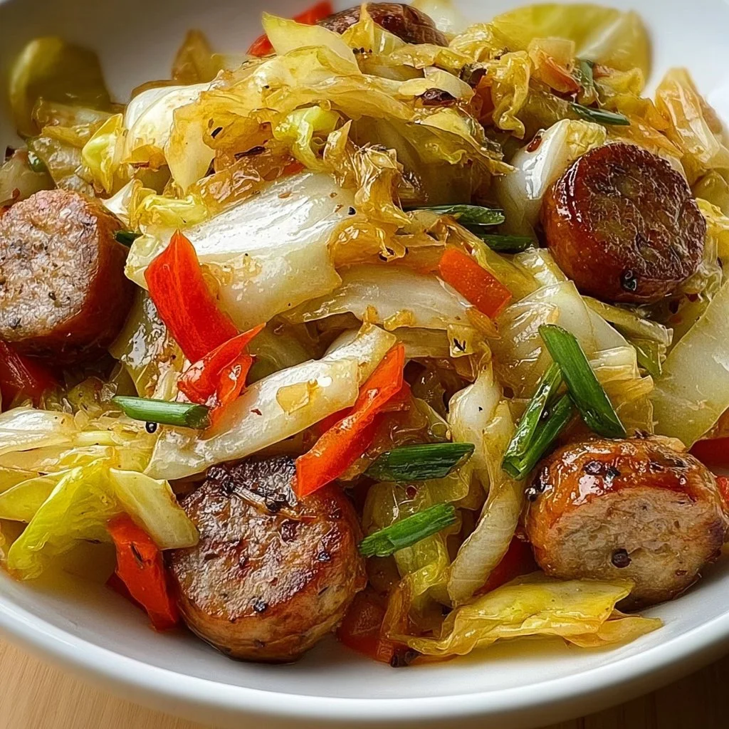 Sausage and cabbage stir fry in a skillet with vibrant vegetables