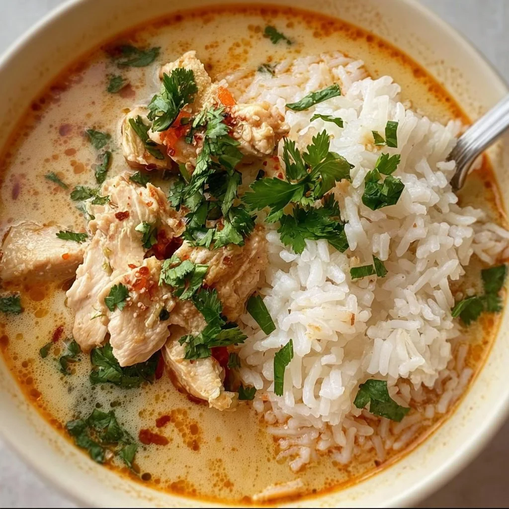 Bowl of savory coconut chicken brothy rice for cozy nights