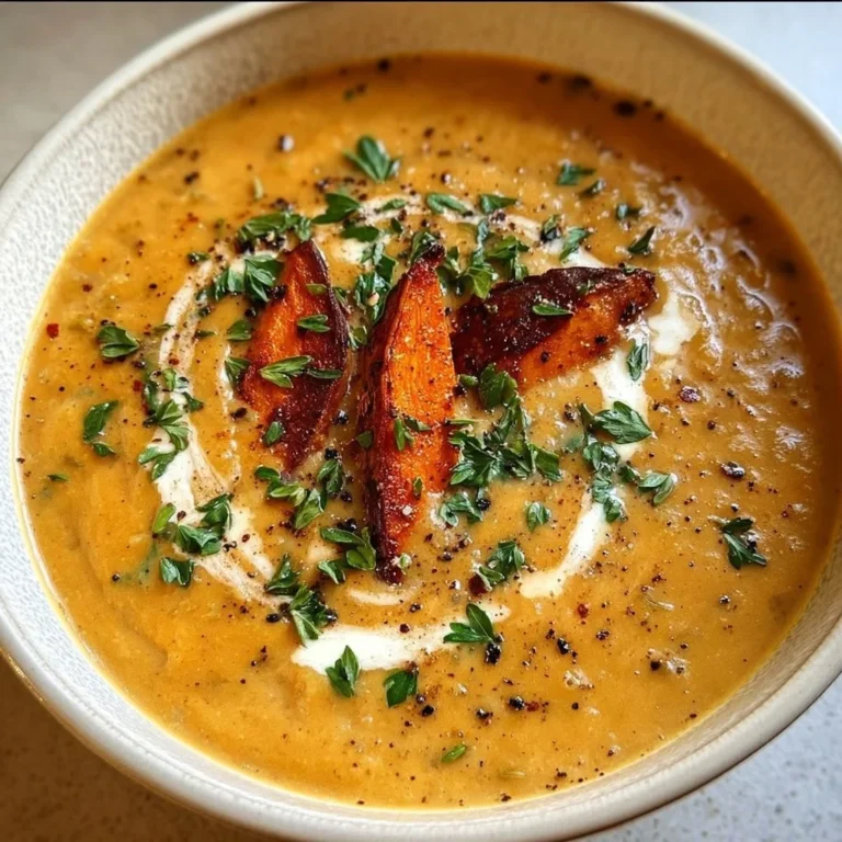 Bowl of savory Italian sweet potato soup garnished with herbs.