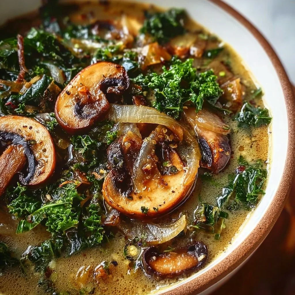 Bowl of simple wild mushroom, caramelized onion, and kale soup garnished with herbs