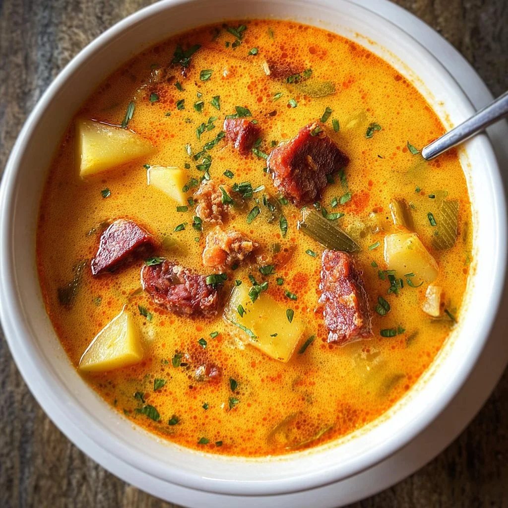 Delicious bowl of Spanish Potato Soup with Chorizo, garnished with fresh herbs