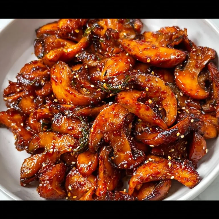 Delicious spicy gochujang mushrooms served in a bowl