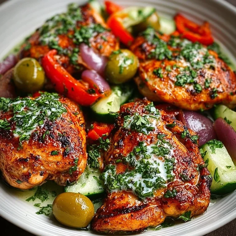 Plate of spicy Mediterranean chicken garnished with herbs and served with vegetables