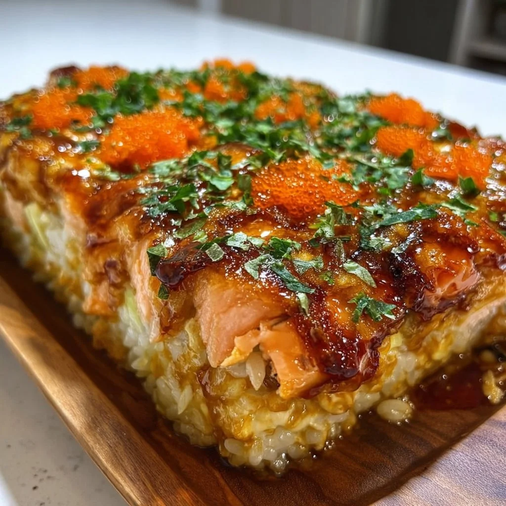 Spicy Salmon Sushi Bake fresh out of the oven, ready to serve.