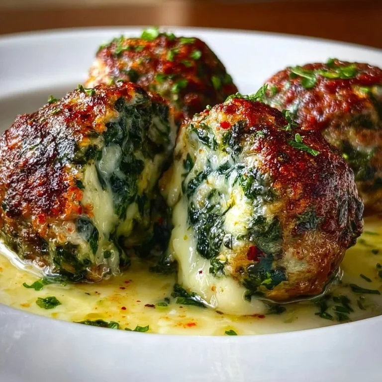 Spinach garlic meatballs with mozzarella cheese filling on a plate