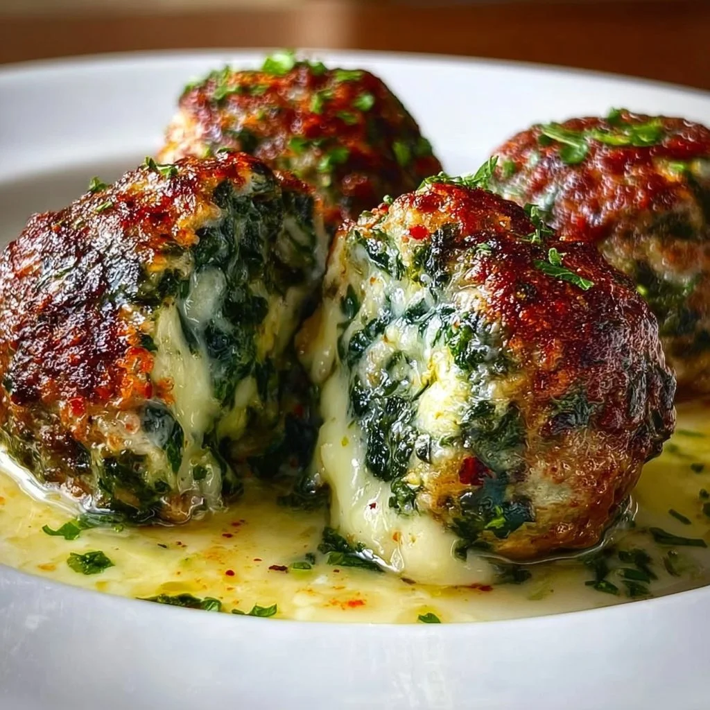 Spinach garlic meatballs with mozzarella cheese filling on a plate