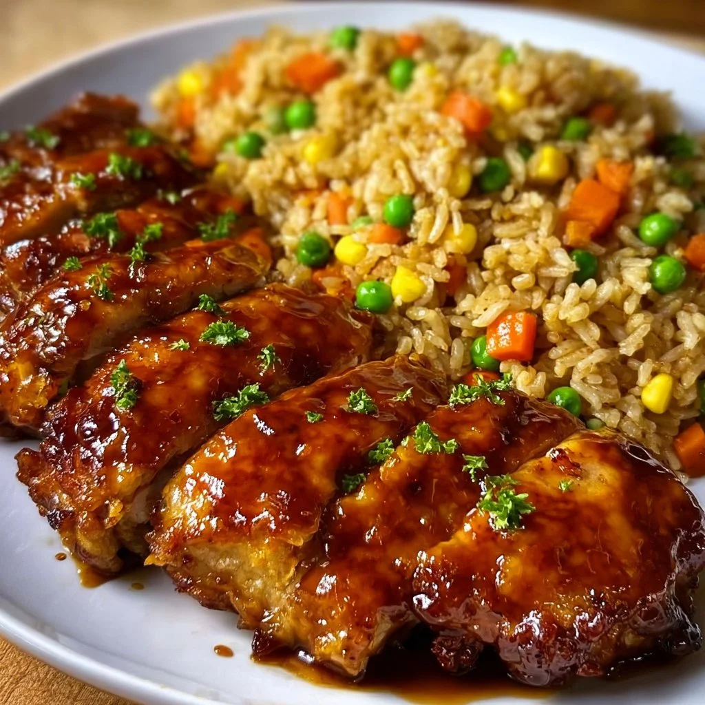 Sticky Bourbon-Style Chicken with a side of fried rice on a plate.