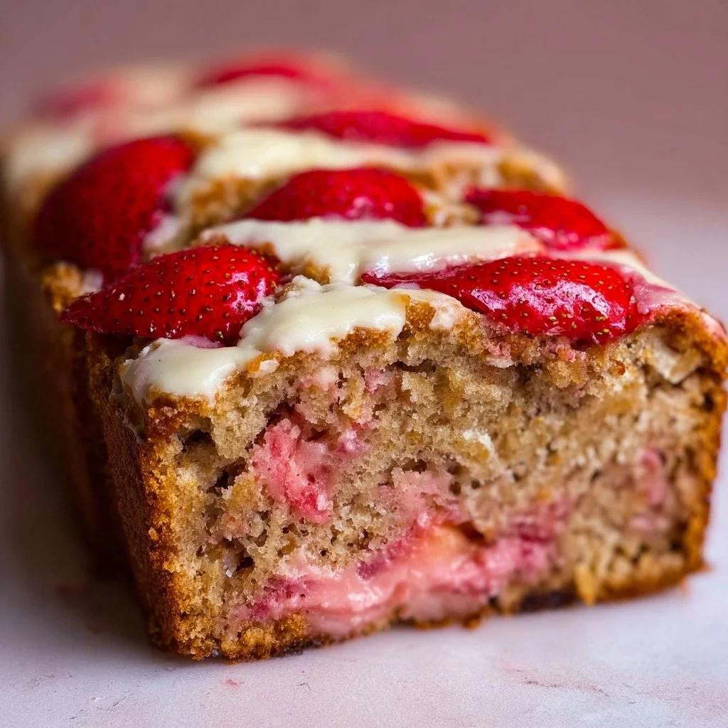 Freshly baked strawberry banana bread slices on a wooden cutting board