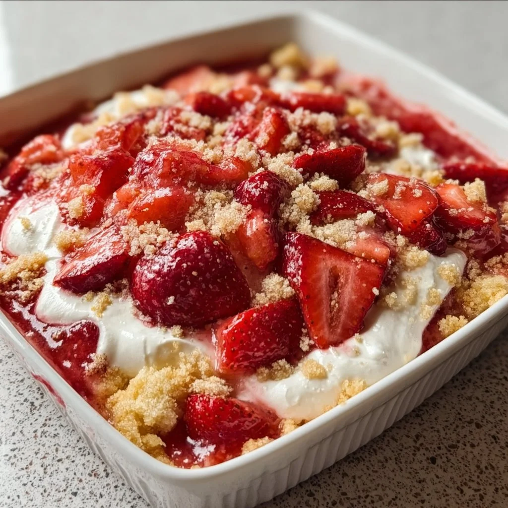 Delicious Strawberry Cheesecake Dump Cake with fresh strawberries on top